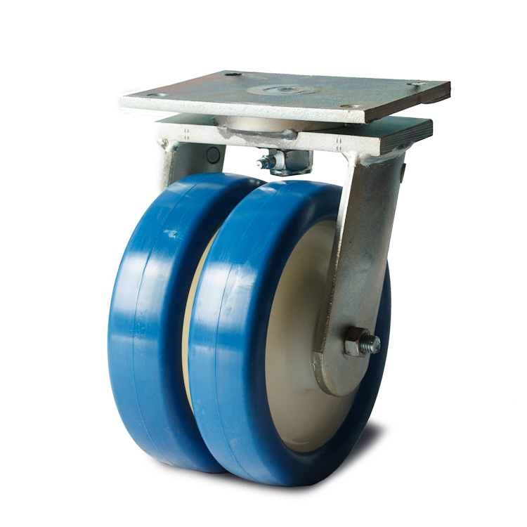 Blue polyurethane wheel with solid nylon rim and ball bearings.