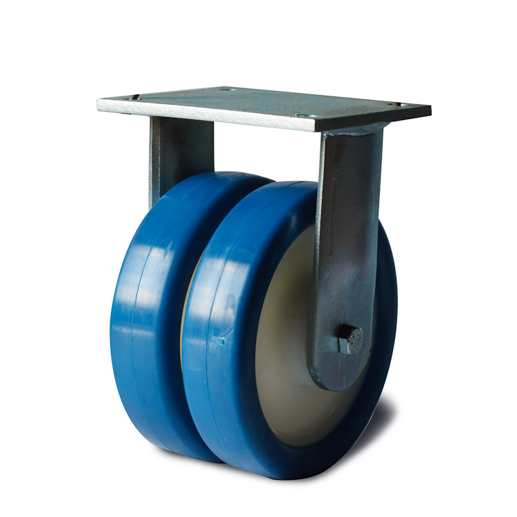 Blue polyurethane wheel with solid nylon rim and ball bearings.