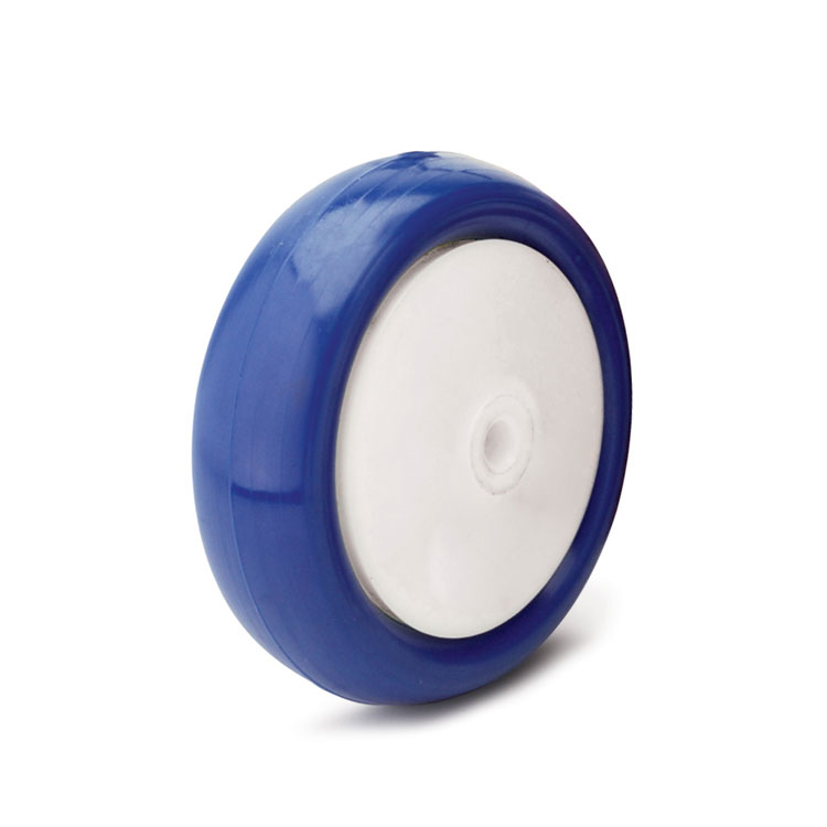 Blue polyurethane wheel with solid nylon rim and ball bearing.