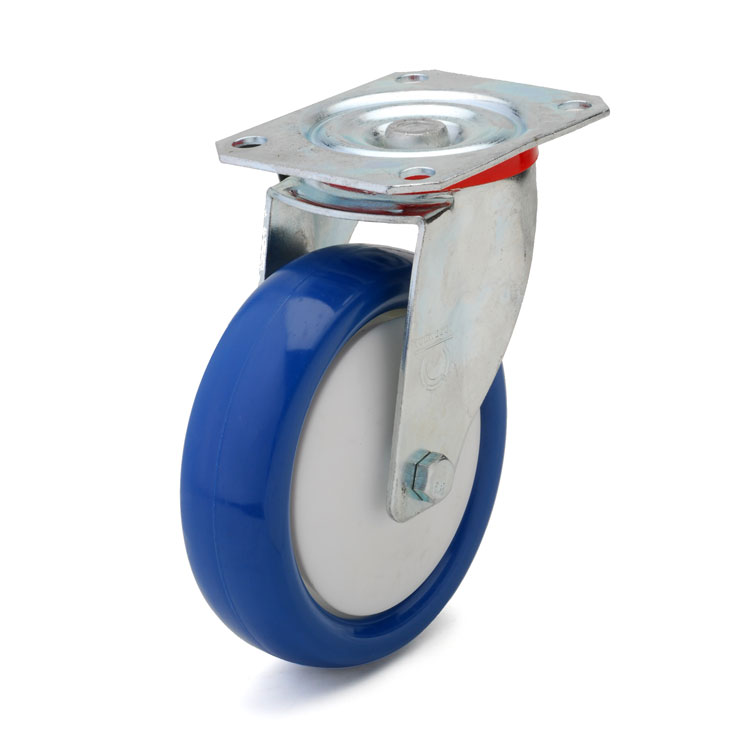 Blue polyurethane wheel with solid nylon rim and ball bearing.
