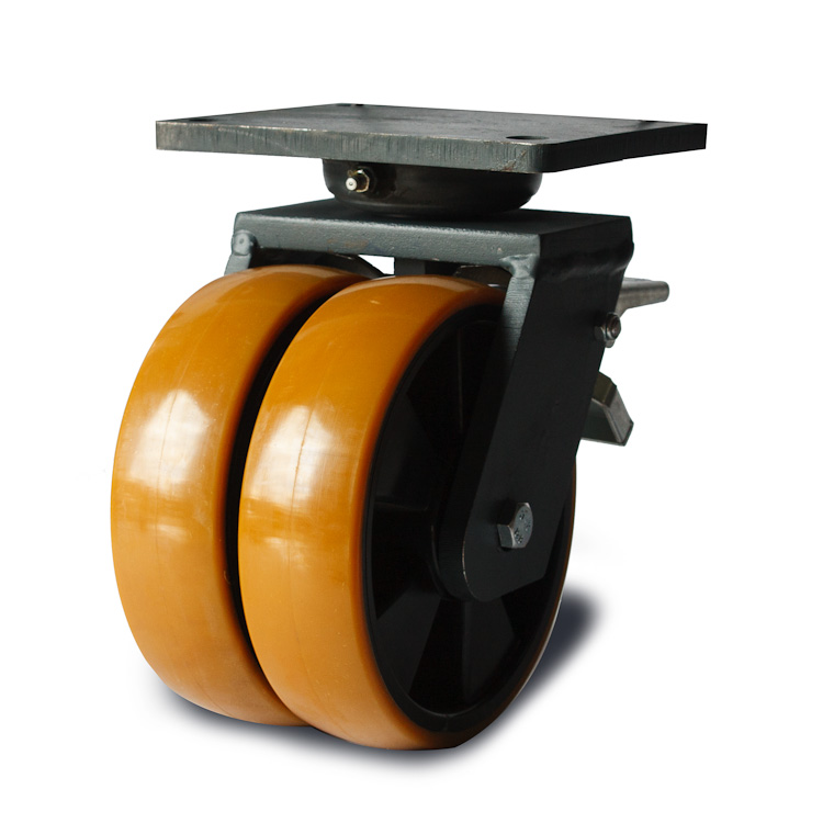 Yellow polyurethane wheel with solid black nylon rim and ball bearings.
