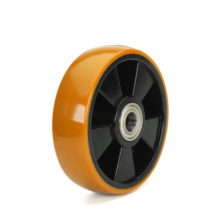 Yellow polyurethane wheel with solid black nylon rim and ball bearings.