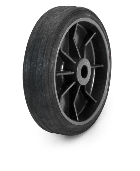 Synthetic black rubber wheel.