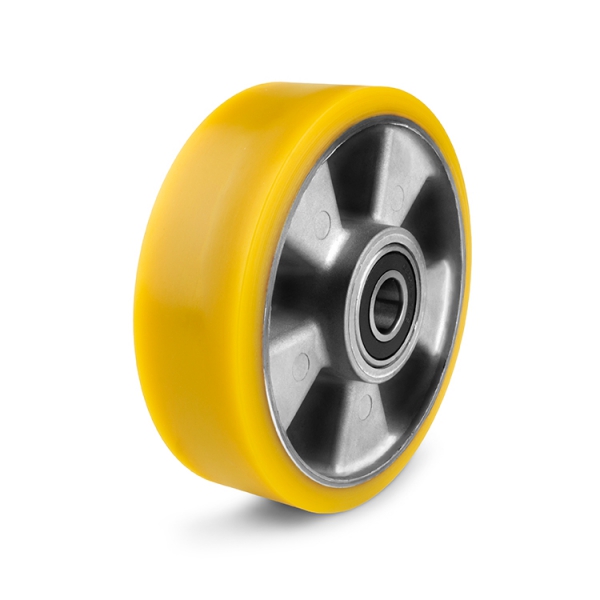 Yellow polyurethane wheel with aluminum rim and ball bearings.