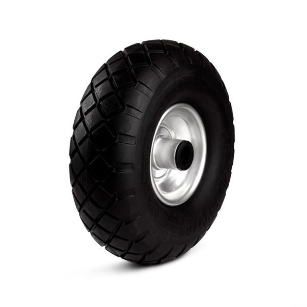 PU foam tyre on steel or plastic rim.