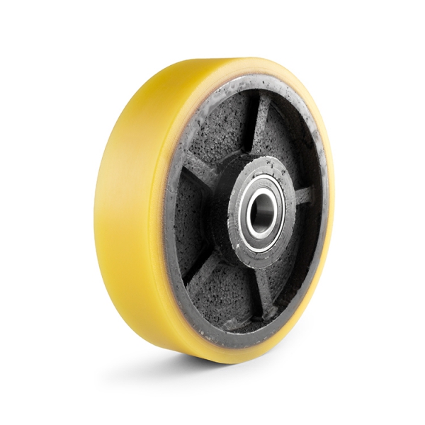 Yellow polyurethane wheel with cast iron rim and ball bearings.