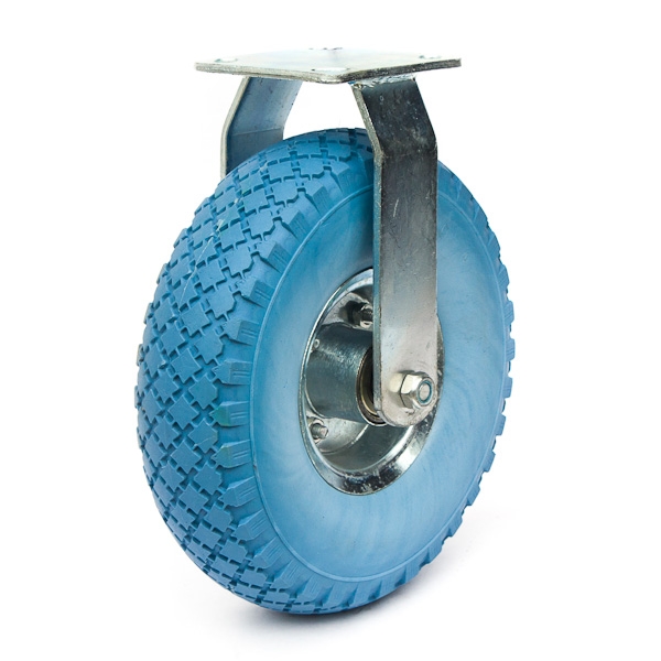 PU foam tyre on steel or plastic rim.