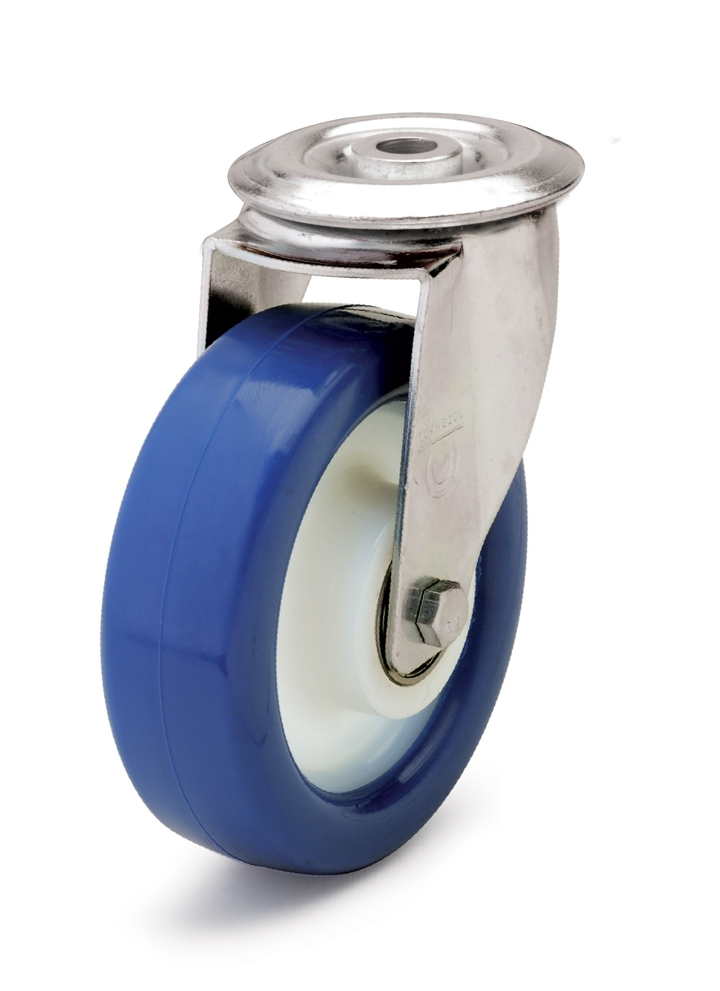 Blue polyurethane wheel with solid nylon rim and ball bearings.