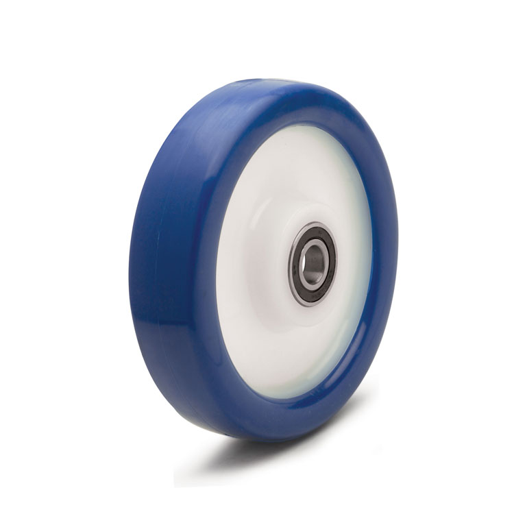 Blue polyurethane wheel with solid nylon rim and ball bearings.