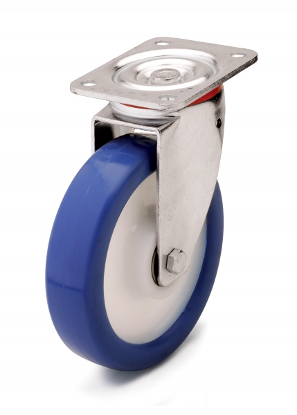 Blue polyurethane wheel with solid nylon rim and ball bearings.