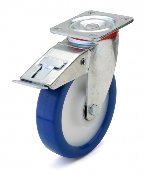 Blue polyurethane wheel with solid nylon rim and ball bearings.