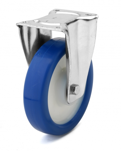 Blue polyurethane wheel with solid nylon rim and ball bearings.