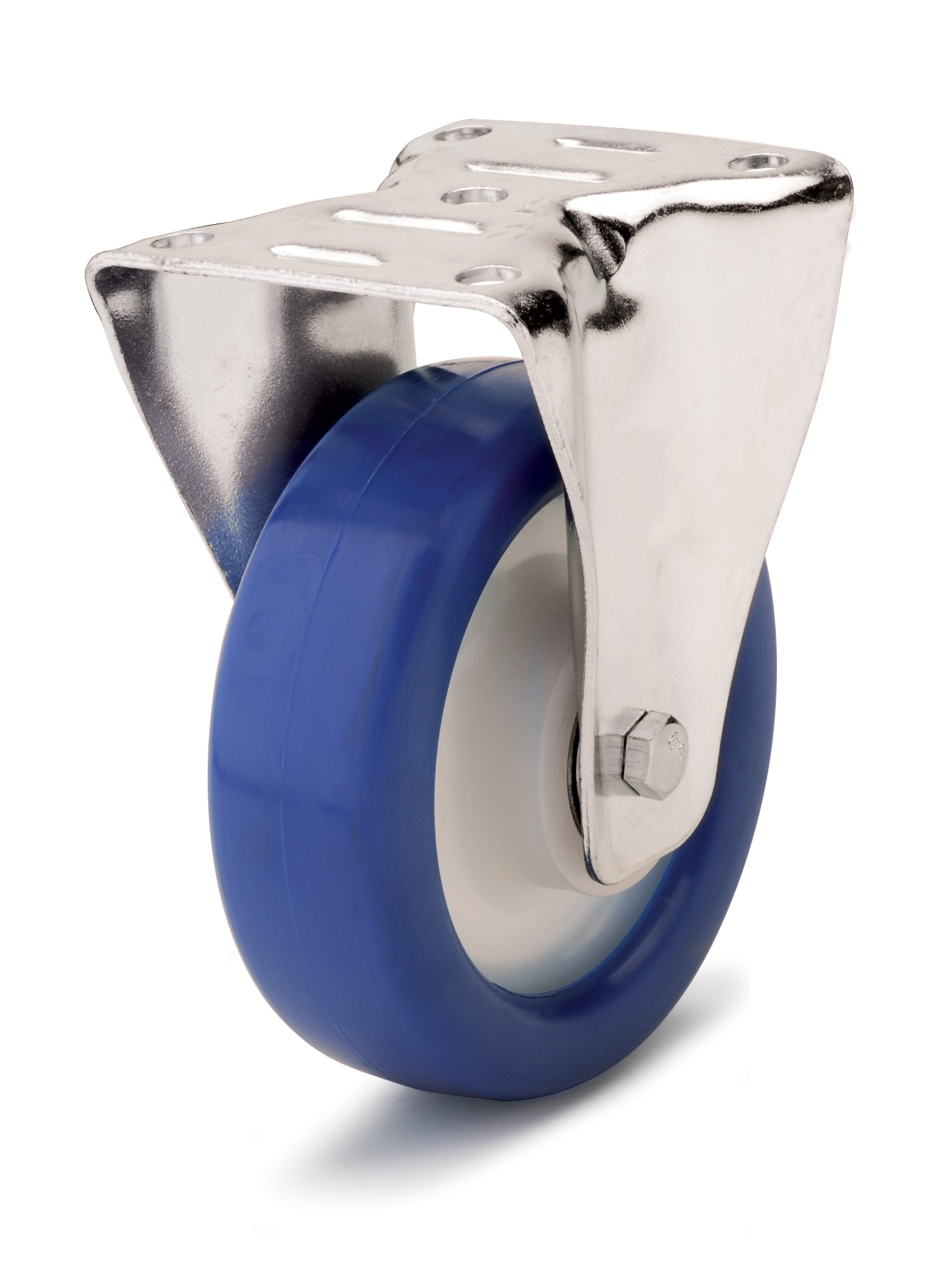 Blue polyurethane wheel with solid nylon rim and ball bearings.