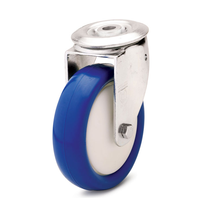 Blue polyurethane wheel with solid nylon rim and ball bearing.