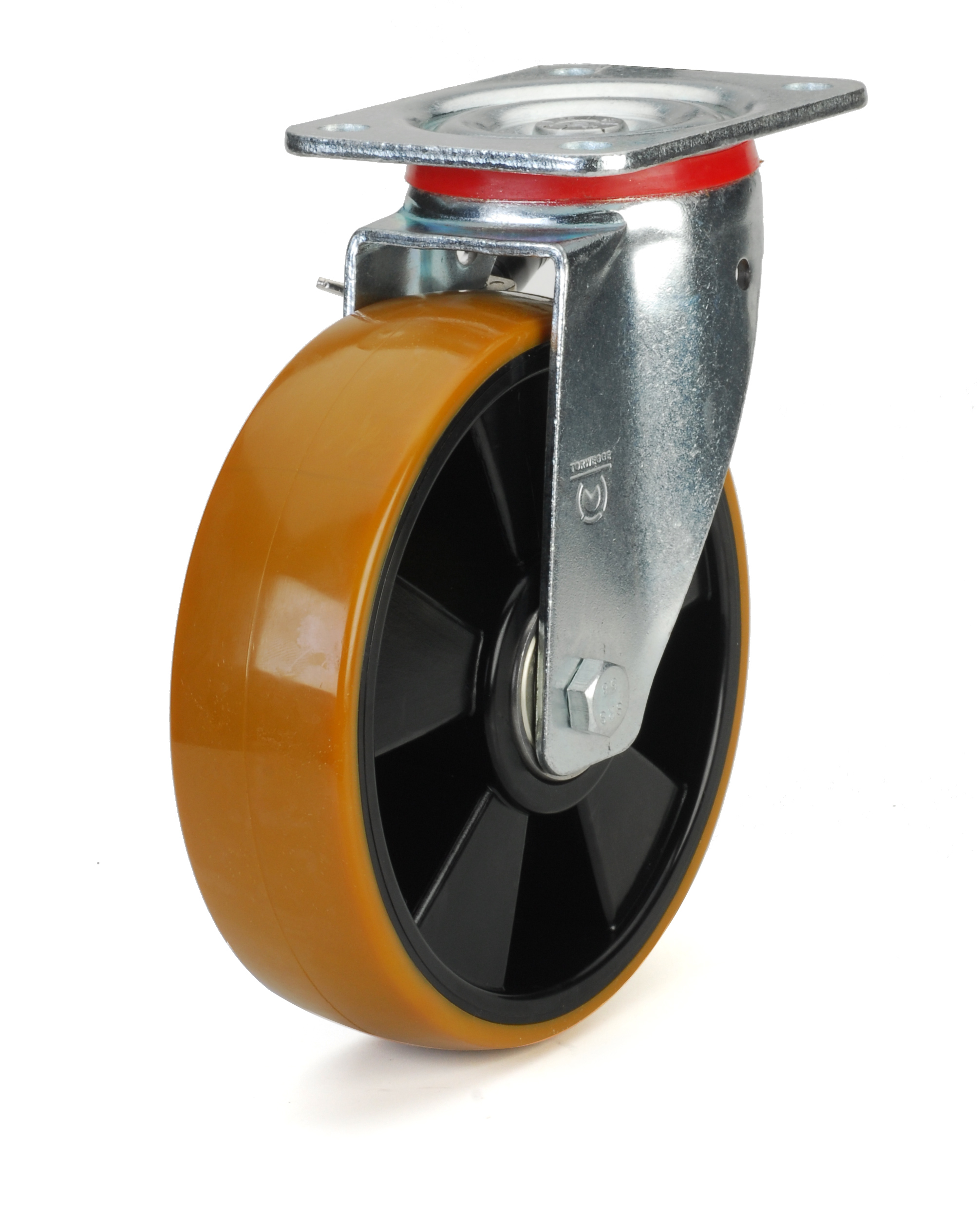 Yellow polyurethane wheel with solid black nylon rim and ball bearings.