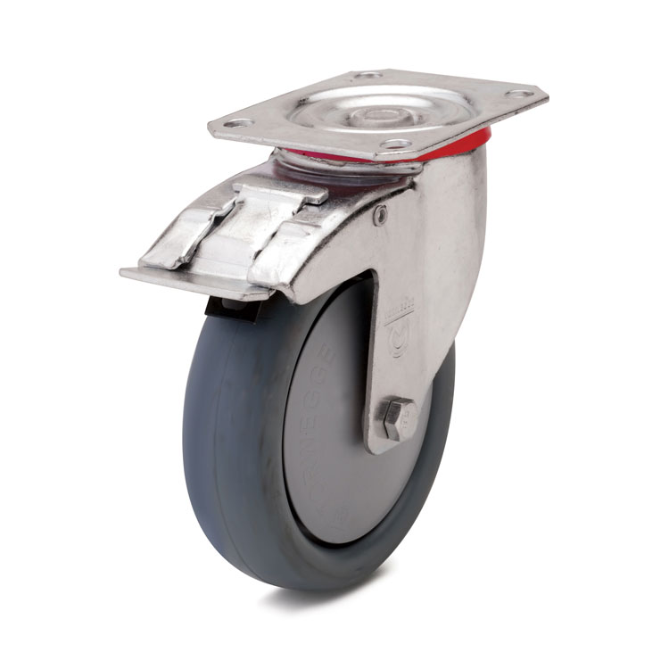 Колесо з термопластичної гуми сірого кольору, яка не залишає слідів на підлозі.