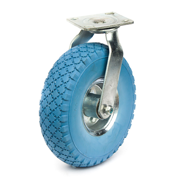 PU foam tyre on steel or plastic rim.