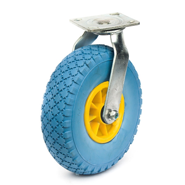 PU foam tyre on steel or plastic rim.