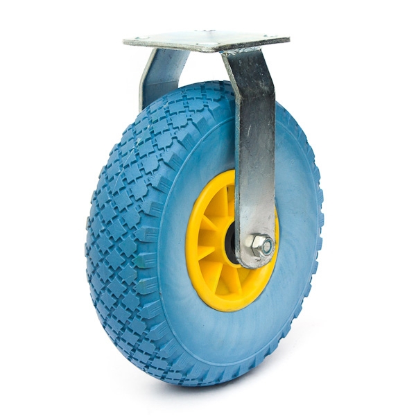 PU foam tyre on steel or plastic rim.