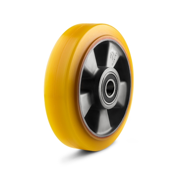 Yellow polyurethane wheel with aluminum rim and ball bearings.