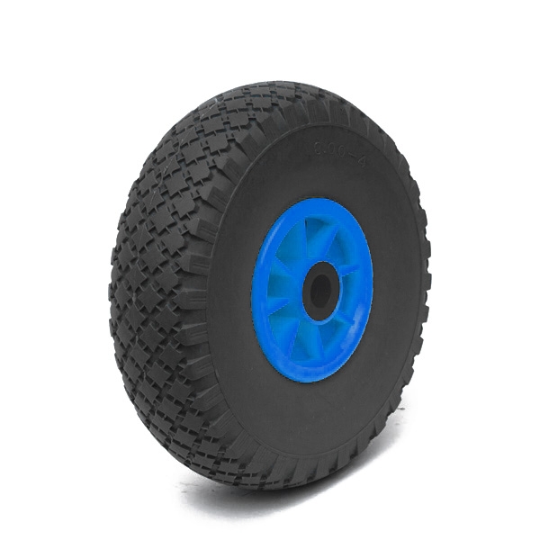 PU foam tyre on steel or plastic rim.