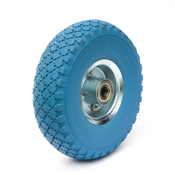 PU foam tyre on steel or plastic rim.