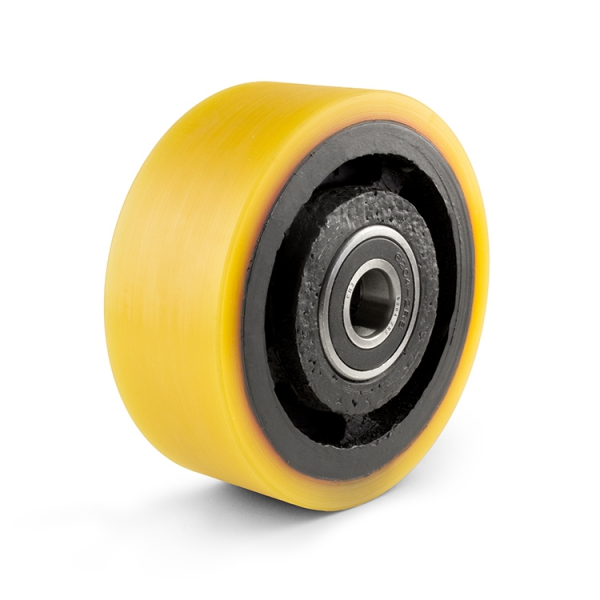 Yellow polyurethane wheel with cast iron rim and ball bearings.