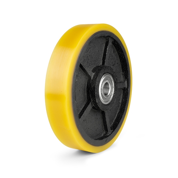 Yellow polyurethane wheel with cast iron rim and ball bearings.