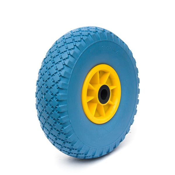 PU foam tyre on steel or plastic rim.