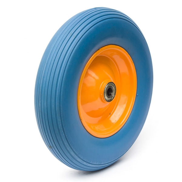 PU foam tyre on steel or plastic rim.