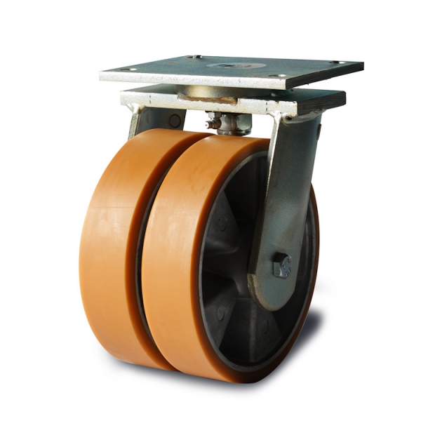 Yellow polyurethane wheel with aluminum rim and ball bearings.